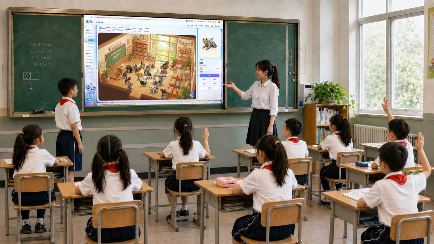 班级养宠怎么做——课思悠电子宠物成长班级场景示意，学生观看宠物成长。