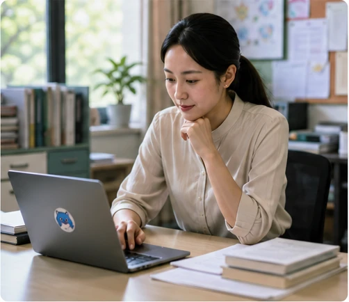 班主任在电脑前思考的办公场景，AI 生成示意